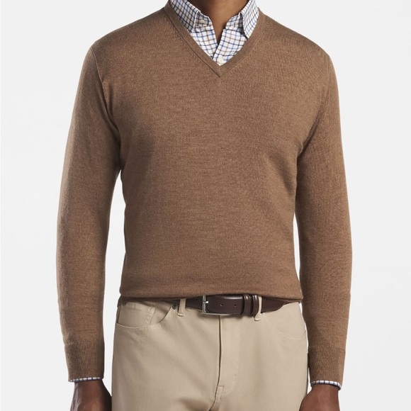 Peter Millar Brown V-Neck Sweater Sz Medium Merino Wool - Picture 1 of 14